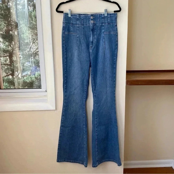 New Free People Jayde Flare Jeans We The Free Super High Rise in Indigo Blue - Picture 9 of 11